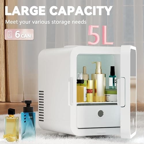 EUHOMY Mini Fridge, 5L AC/DC Small Refrigerator with Dimmable LED Mirror, Portable Cooler and Warmer for Skin Care, Cosmetics, Beverage, 5L Makeup Mini Skincare Fridge for Bedroom, Car, Office, White thumbnail 2