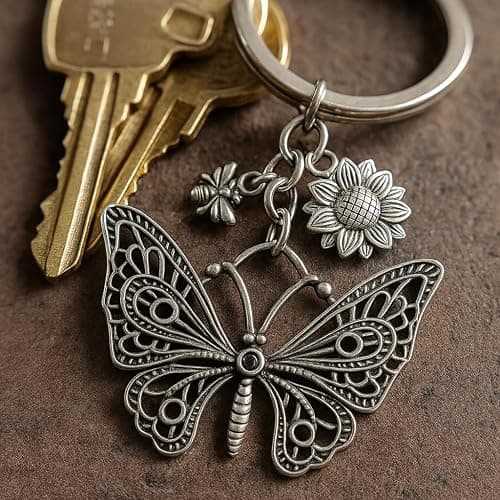 Vintage Butterfly Keychain - Antique Silver Floral Key Chains for Women, Rustic Bee & Flower Bag Charms, Boho Gift thumbnail 3