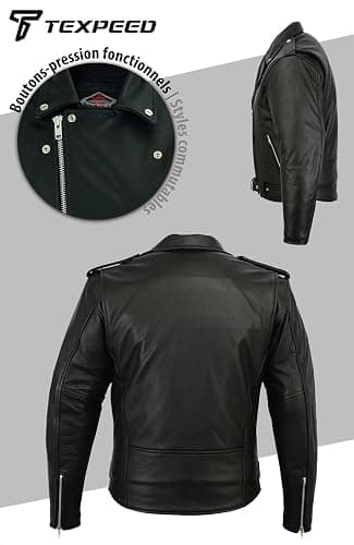 Texpeed Veste moto cuir homme homologué avec protections - Perfect Marlon Brando rétro Chopper blouson - Avec protection véritable biker CE armor (EN 1621-1) Noir - L thumbnail 6