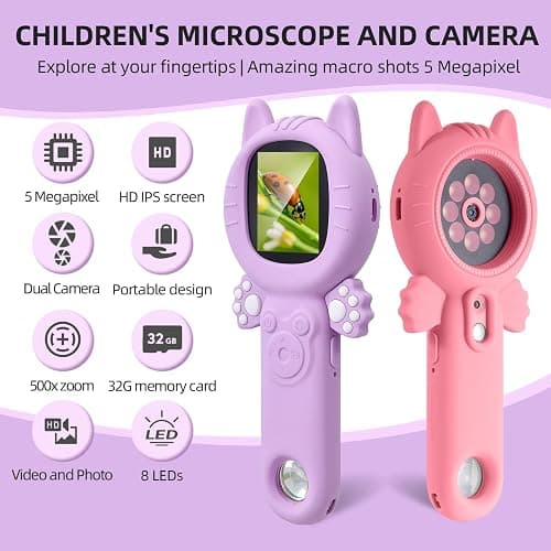 URMMIY Kids Microscope – 500X Digital Pocket Handheld Microscope with Dual Cameras & Autofocus, STEM Educational Toy & Perfect Christmas Birthday Gift for Boys & Girls Ages 3 4 5 6 7 8 9 10(Pink) thumbnail 2