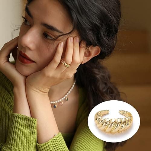 MOROYA 10PCS Gold Dome Chunky Rings for Women 18K Gold Plated Braided Twisted Round Signet Rings Adjustable Open Ring Band Statement Jewelry Size 7-9 thumbnail 4
