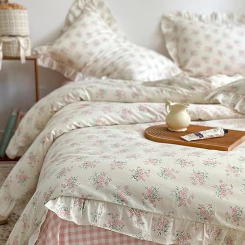 MKXI Queen Size Pink Floral Comforter Set - 3 Piece Ruffled Lace Bedding Set 1 Queen Comforter with 2 Pillowcases All Seasons, Soft Aesthetic Princess Style Floral Comforter for Girls, Women thumbnail 3