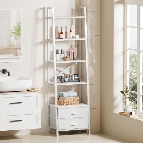 Furologee 5-Tier Ladder Shelf with 2 Drawers,Narrow Bookshelf Storage Shelves,Industrial Bookcase Freestanding Rack Units for Bedroom,Living Room,Bathroom,Home Office,Balcony,Wood Metal, White thumbnail 4
