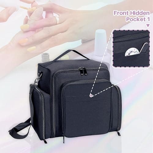 YAHOURWAT Nail Polish Organizer Holds 60 Bottles and a Nail Lamp,Portable Travel Case with 2 Removable Bags and Tools Storage Pockets Black thumbnail 6