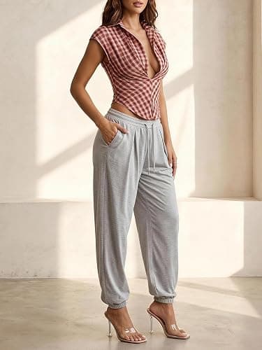 SweatyRocks Women's Sexy Deep V Neck Plaid Preppy Shirt Tops Cap Sleeve Asymmetrical Y2k Going Out Blouse thumbnail 5