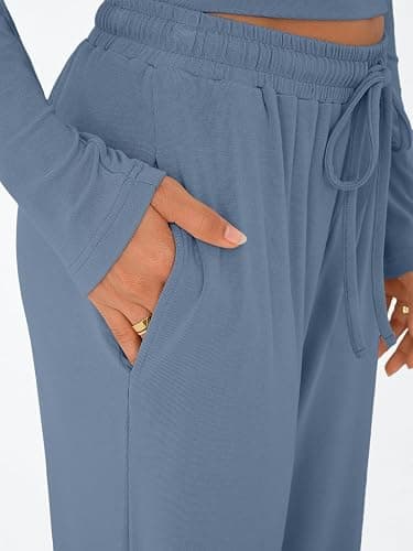 Trendy Queen Women's 2 Piece Matching Lounge Set Long Sleeve Side Ruching Top Wide Leg Drawstring Pants Set with Pockets thumbnail 5