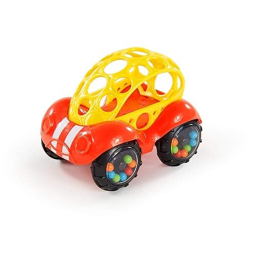 Bright Starts Oball Easy Grasp Rattle & Roll Buggie BPA-Free Push Car Infant Crawling Toy, 1 Pack, Age 3 Months and up, Red/Yellow - 1 Count (Pack of 1) - Red
