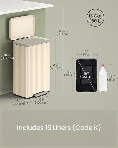 SONGMICS Trash Can, 13 Gallon (50 L) Garbage Can for Kitchen, with Lid, Pedal, and Removable Inner Bucket, Soft Close, Stainless Steel, 15 Trash Bags (Code K) Included, Cream White ULTB586LZ01 thumbnail 2