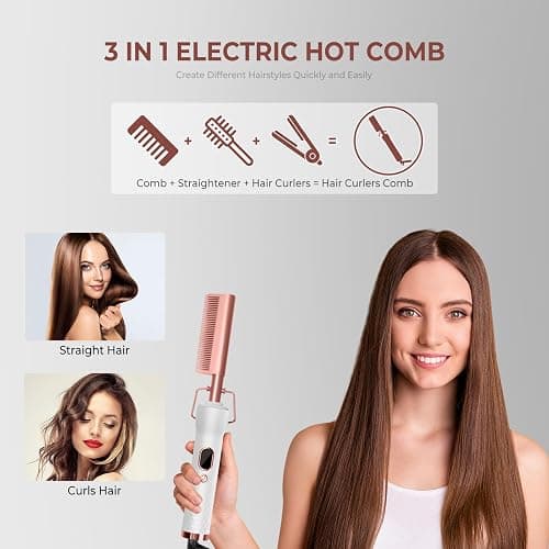 Hot Comb,Pressing Combs for Black Hair with 12 Temp Settings Heating Up to 450°F,Electric Hot Comb 110-240V Straightening Comb for Curling/Straightening thumbnail 3