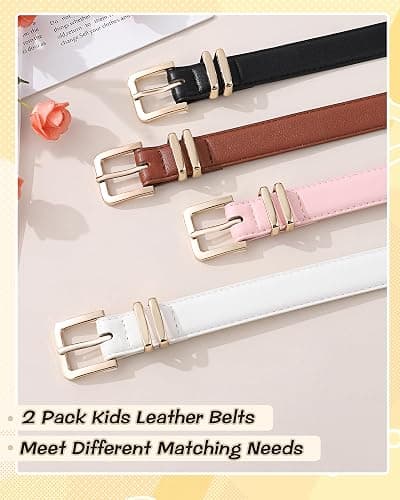 AWAYTR 2 Pack Girls Leather Belt for Kids Jeans with Gold Square Buckle - Fit Waist: 26"-30" - Black+white thumbnail 7