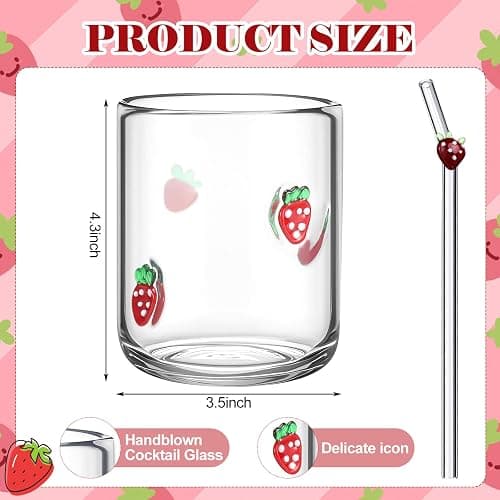 Skylety 2 Set Strawberry Icon Juice Glass Cups - Icon Glass Cup with 2 Straw 14 oz Double Old Fashioned Cute Pattern Glassware for Tea, Water, Milk, Coffee, Parties Gifts thumbnail 3