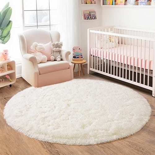 Quntue 3'x3' Cream Round Rugs for Girls Bedroom, Ultra Soft Fluffy Circle Rug for Kids Room, Cute Small Shag Rugs for Living Room Playroom Tent Castle Home Decor Rug thumbnail 8