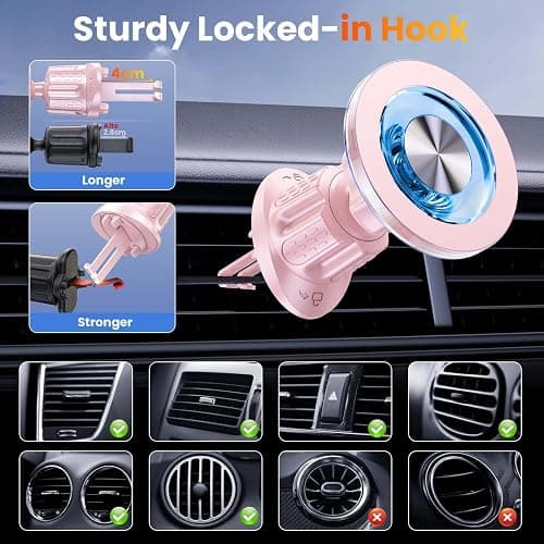 Coneclat for MagSafe Car Mount Magnetic Phone Holder for Car [2025 Upgraded 22X Magnets & Double-Hooks] Phone Holders for Your Car Stand for Dashboard Vent GPS for iPhone 17/16/15/14/13 Android-Pink thumbnail 8