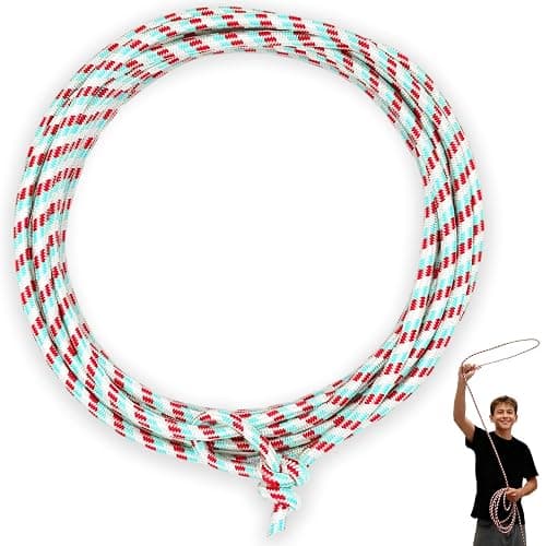 Cowboy Lasso Rope for Kids with Pre-Tied Loop, 20' - 9mm Unwaxed Lariat Roping Rope Toy for Indoor Outdoor Western Play & Costume Prop (Red Light Blue) - Image 1