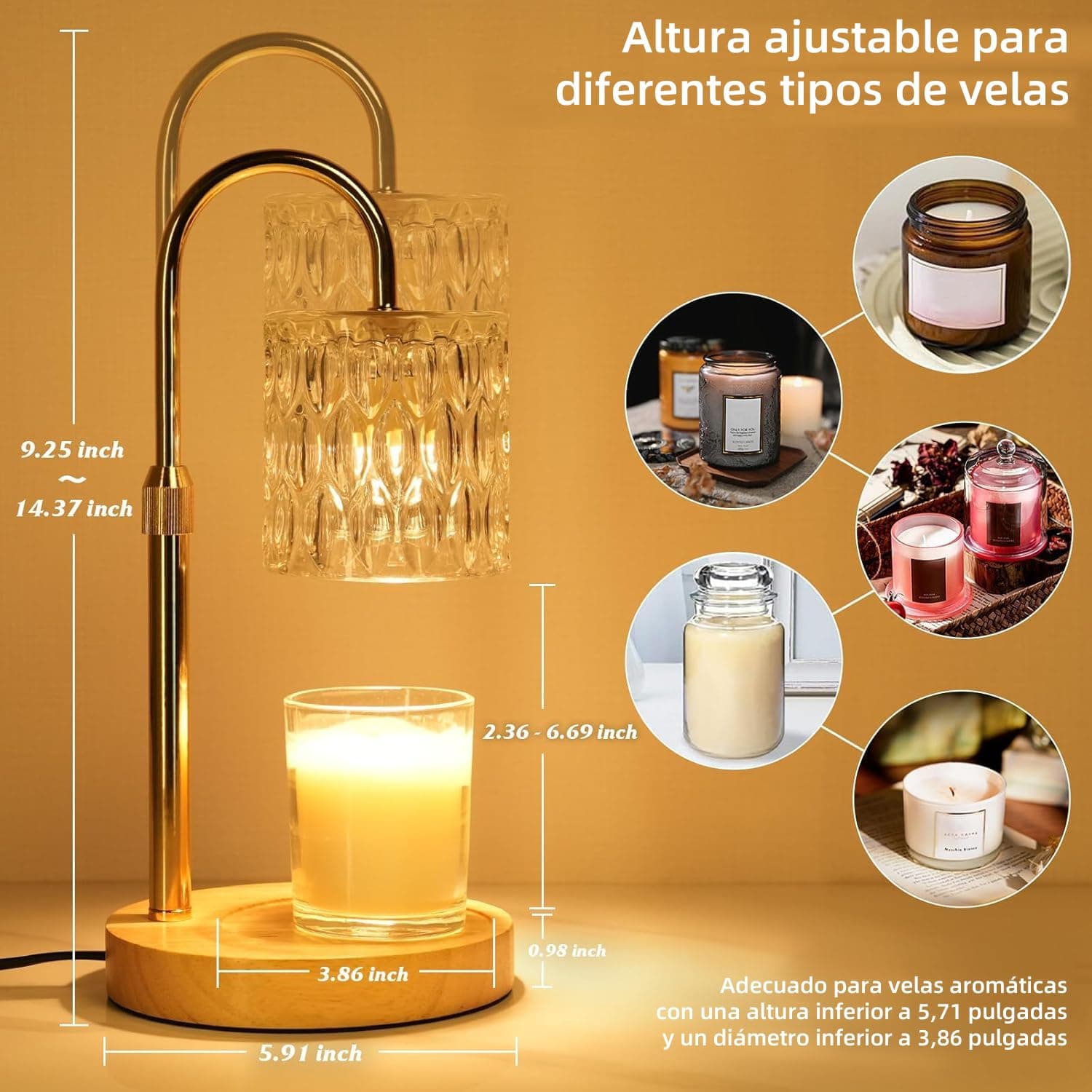 Lampara Calentadora de Velas con Atenuador y Temporizador, Lámpara para Velas Aromáticas con Altura Ajustable, incluye 2 Bombillas de 50W, Ideal para Mamá y Mujeres, Decoración del Hogar (Dorado) thumbnail 5