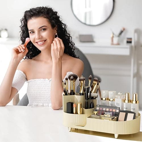 Rotating Makeup Organizer for Vanity with Brush Holder, Cosmetic Makeup Storage Organizer, Large Spinning Makeup Skincare Organizer, Countertop Makeup Perfume Organizer, Lotions Display Case Ivory thumbnail 4