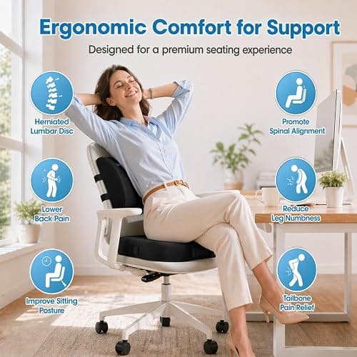CloudBliss Ergonomic Seat Cushion & Lumbar Support Pillow Set, Black,Large | Back Pain & Sciatica Relief, Memory Foam Support, Adjustable Straps, Machine Washable Velvet, Perfect for Office, Car, Gaming thumbnail 3