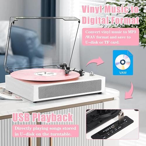 Vinyl Record Player Bluetooth with Bulit-in Speaker Extended Turntable Case | Vintage Belt-Driven 3-Speed Turntable, USB/TF Recording, Vinyl to Digital, 5 Modes on Bluetooth/USB /AUX RCA Line-Out, White thumbnail 2