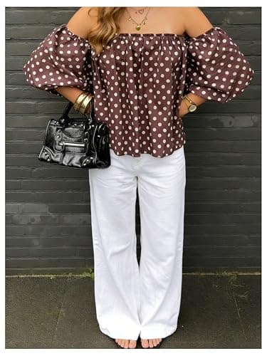 Verdusa Women's Polka Dots Off The Shoulder Blouses Puff Sleeve Tops Summer Brunch Outfits thumbnail 2