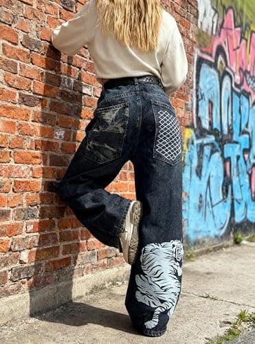 Unisex Y2K Hip Hop Baggy Wide Leg Jeans Skeleton Tiger Dragon Print Vintage | Vintage Y2K baggy jeans with skeleton, tiger or dragon prints, featuring a relaxed wide leg fit for everyday hip hop style. thumbnail 3