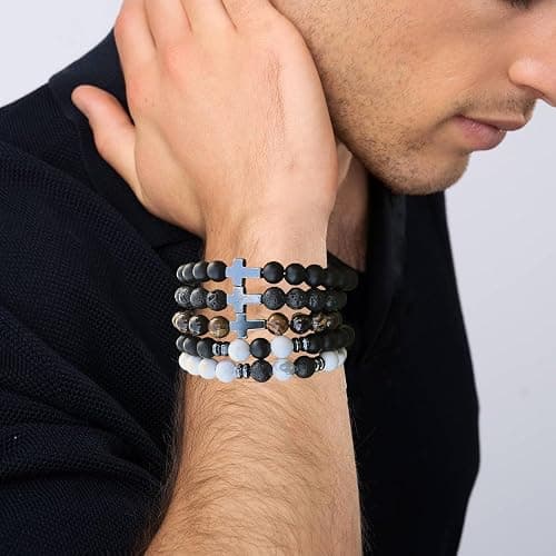 Crgwxzl Cross Bead Bracelet for Men Women,8mm Tiger Eye, Lava Rock, Black Obsidian Healing Crystal Beaded Bracelets,Natural Protection Stone Bracelets Jewelry Gifts for Men Women thumbnail 2