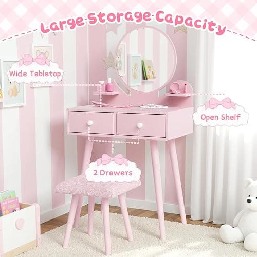 Arlopu Kids Vanity Table and Chair Set, 2 in 1 Toddler Makeup Dressing Desk with Detachable Large Mirror and Stool, Drawers, Princess Wooden Pretend Play Toys for Little Girls (Pink) thumbnail 6