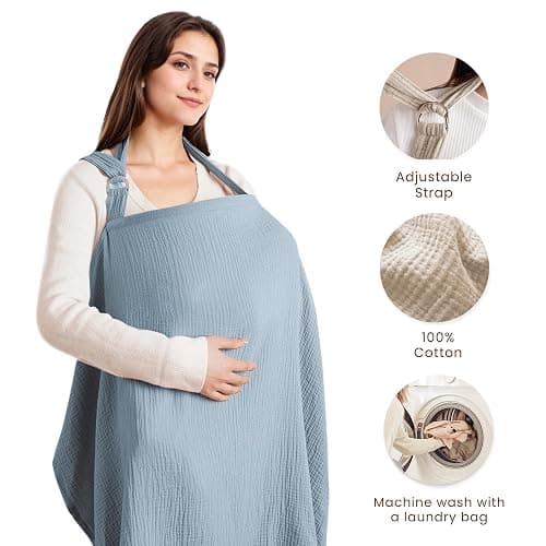 Konssy Muslin Nursing Cover for Baby Breastfeeding, Breathable 100% Cotton Breastfeeding Cover with Rigid Hoop for Mother Nursing Apron, Multi-use Carseat Canopy (Blue) thumbnail 3