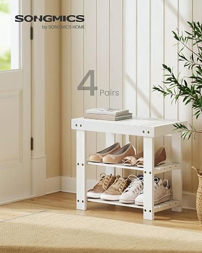SONGMICS Shoe Rack Bench, 3-Tier Bamboo Shoe Storage Organizer, Entryway Bench, Holds Up to 286 lb, 11.3 x 19.7 x 17.8 Inches, for Entryway Bathroom Bedroom, Cloud White ULBS001W01 thumbnail 3