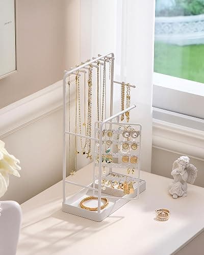 ProCase Jewelry Stand Holder Organizer, Jewelry Display Storage with Ring Tray, Rotating Earring Bracelet Necklace Holder, Valentine's Gifts Room Dorm Decor for Teen Girls -White (No-Assembly) thumbnail 5