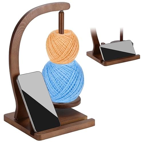 【Mobile Friendly】Yarn Holder for Crocheting and Knitting with Phone Stand, Magnetic Rotating Yarn Spinner for Crocheters, Large Capacity Natural Wood Yarn Ball Holder Gift - Image 1