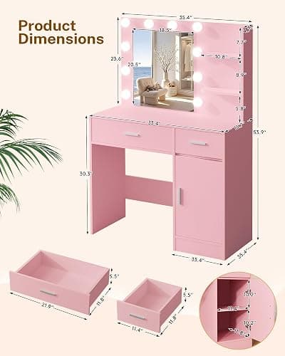 LIVELYGLOW Lighted Makeup Vanity Desk, 35.4“W x 15.7'”D x 54“H, Pink (with Lights and Mirror, Dimming Fuction, 2 Drawers and 1 Cabiniet, Open Shelves) thumbnail 2