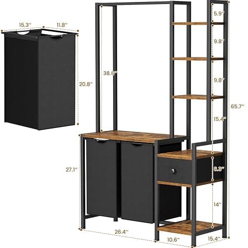 Creso hom Laundry Hamper with Shelf, 5 Tiers Tall Laundry Basket Sorter with 2 Pull-Out and Removable Bags, Clothes Rack with Laundry Sorter for Laundry Room Bathroom Bedroom, Rustic Brown thumbnail 3