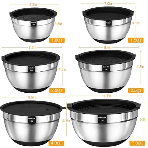 Umite Chef Mixing Bowls with Airtight Lids, 26Pcs Stainless Steel Bowls Set, 3 Grater Attachments & Black Non-Slip Bottoms Size 7, 4, 2.5, 2.0,1.5, 1QT, Great for Mixing & Serving thumbnail 3