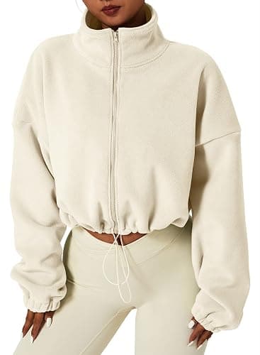 QINSEN Women's Full Zip Fleece Short Jacket Warm Winter Long Sleeve Stand Collar Sherpa Crop Coat thumbnail 4