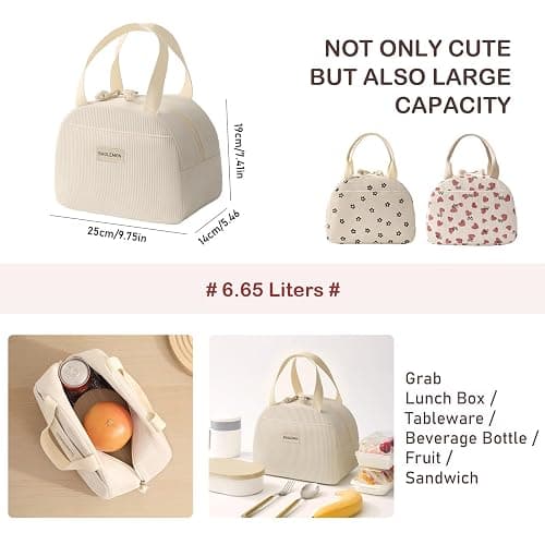 Baglemon Lunch Bag for Women Men Cute Corduroy Lunch Tote Bags Reusable Insulated Lunch Box Large Capacity Reusable Insulated Cooler for Work/Picnic/Travel (Corduroy Beige) - Corduroy Beige thumbnail 2