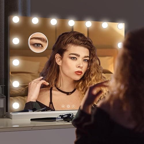 YU YUSING Hollywood Makeup Mirror, 45×58cm Large Lighted Vanity Mirror, Tabletop or Wall-Mounted Mirror, with 15 Dimmable Bulbs, 3 Color Modes, Touch Screen Control, 10X Magnifier, USB Output Port thumbnail 7