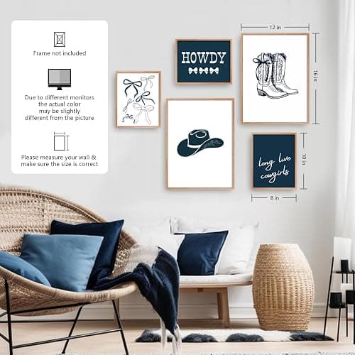 Riveda 5 Pcs Navy Blue Cowgirl Wall Art Cute Girly Western Prints Coquette Posters Preppy Coastal Blue Print Vintage Wild Western Gallery Picture Canvas Trendy Dorm Decor Unframed (8"*10"x3+12"*16x2) thumbnail 7