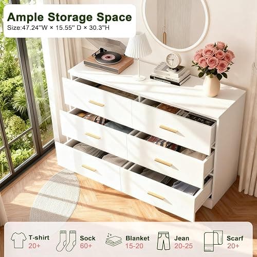 MUTOVA White 6 Drawer Dresser for Bedroom Modern Chests of Drawers with Gold Handle 47" Wooden Closet Dresser Long Storage Cabinet Organizer Dresser TV Stand thumbnail 3