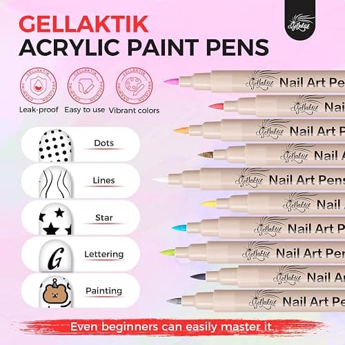 GELLAKTIK 18 Colors Nail Art Pens Set, 3D Nail Polish Pens Quick-Drying Acrylic Paint Markers, Dotting Liner Brush for DIY Nail Design, Home & Salon Manicure Tools thumbnail 3