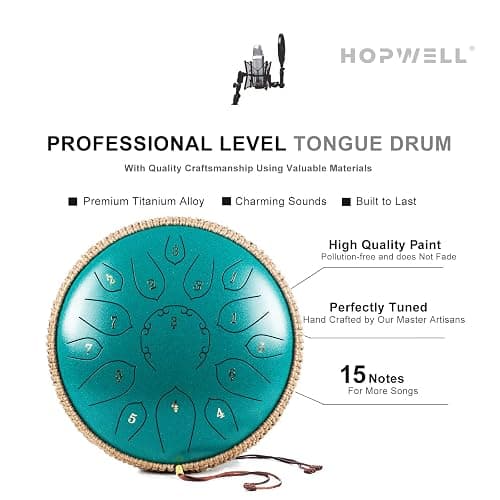 HOPWELL Steel Tongue Drum - 15 Note 12 Inch Tongue Drums - Percussion Instruments - Hand Pan Drum with Music Book, Drum Mallets and Carry Bag, D Major, Malachite Green thumbnail 3