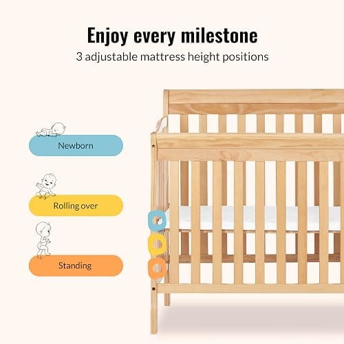 Dream On Me Jayden 4-in-1 Convertible Mini Baby Crib with 3 Drawer Changer | Converts to Daybed & Twin Size Bed, Wooden Crib with Mattress, 3 Adjustable Heights, GREENGUARD Gold & BSA Verified, Natural thumbnail 6
