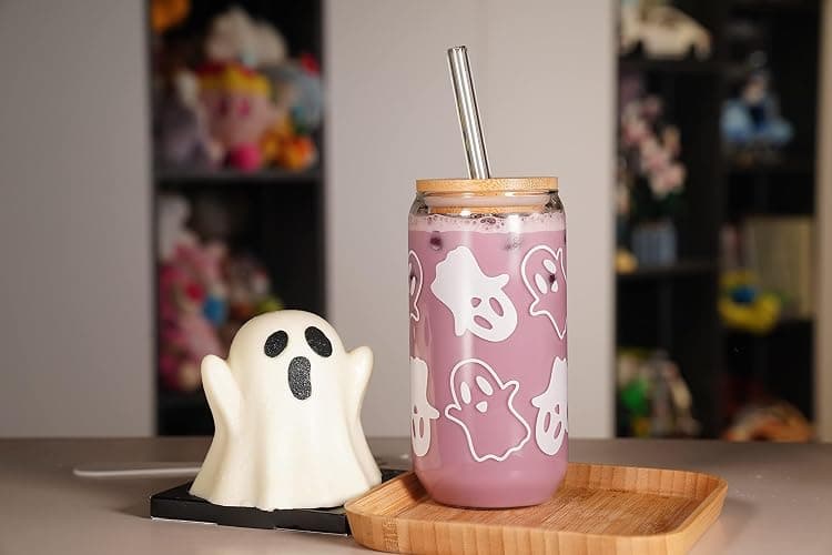 ANOTION Halloween Mugs - 18oz Halloween Ghost Decorations Glass Cups Tumbler for Iced Coffee, Glassware Cookie Jar Decor Gift Drinking Water Bottles thumbnail 2