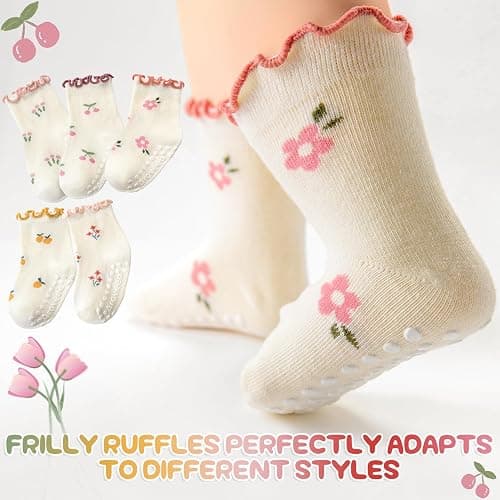 Aroveea Baby Toddler Girls Socks Grip Ruffle Non Slip Girls Cotton 12 Pack Socks for Kids Cute Ankle 6M-7Years thumbnail 5
