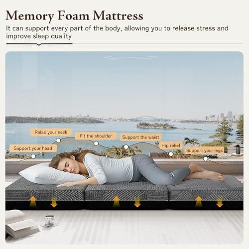 GEMBED Tri Folding Mattress Queen Size - Memory Foam Tri-fold Handle & Non-Slip Bottom, Portable Foldable Sofa Bed Floor Chair for Travel RV Camping Guest Yoga - 6 Inch, 78"x58"x6" thumbnail 2