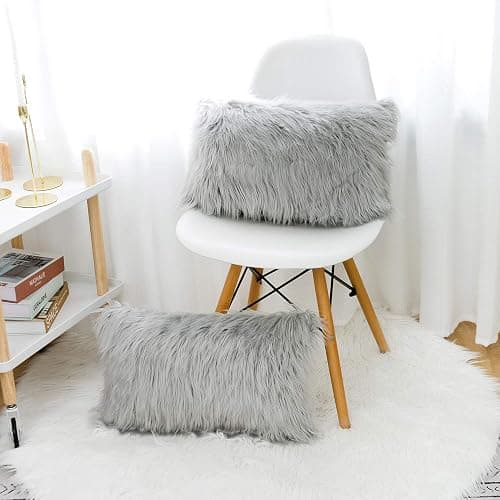 WLNUI Set of 2 Light Grey Decorative Lumbar Fluffy Pillow Covers New Luxury Series Merino Style Faux Fur Throw Pillow Covers Fuzzy Cushion Case Spring Easter Home Decor 12x20 Inch thumbnail 4