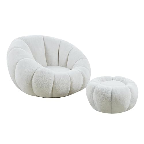 cosyou Sessel mit Hocker gemütlicher Teddystoff - runder Polstersessel für Wohnzimmer & Schlafzimmer, Relaxsessel drehbar für entspannte Abende beige, weiß, rosa - jetzt Farbe wählen (Weiß) - Weiß - Image 1