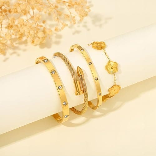 ISELBDR 18K Gold Bracelets for Women - Stackable Clover & Nail Love Bangle Set - Non-Tarnish Stainless Steel Jewelry Gift for Valentine's, Mother's Day & Christmas thumbnail 7