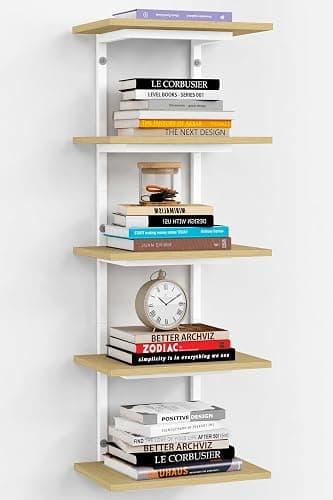 Harwaya White and Natural Tiered Wall Shelf Unit, 5 Tier Display Floating Shelves, Deep Hanging Wall Shelving Unit for Living Room Plants TV, Bedroom Books, Office Décor (White and Natural Wood) - Image 1
