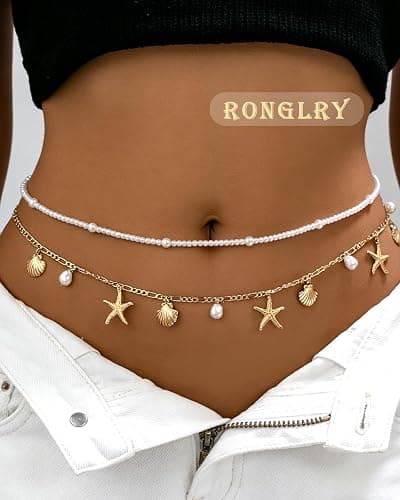 Ronglry 2pcs Gold Waist Chain for Women Layered Belly Chain Beach Waist Beads Body Chains for Women Adjustable Sexy Bikini Body Chain for Summer Beach Jewelry Accessories thumbnail 3