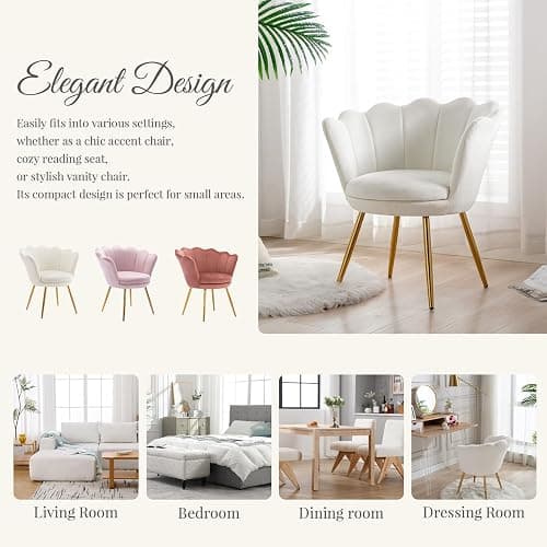 chairus Small Accent Chair for Living Room, Velvet Gold Cute Vanity Chair with Back for Makeup Room, Upholstered Shell Shaped Office Guest Modern Chair Arm Chair, Cream White thumbnail 6